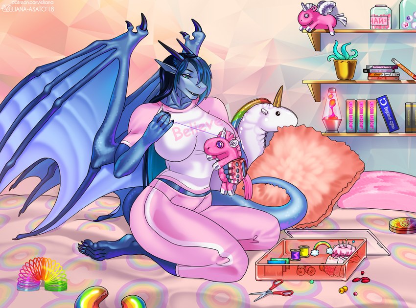 anthro athletic bed bedroom big_breasts blue_body blue_hair blue_scales book breasts clothing dragon_wings female furniture green_eyes hair lamp lava_lamp long_hair multicolored_hair pajamas pink_clothing scales sewing slinky solo tail text text_on_clothing three-quarter_view toy eliana-asato mythology ena_(eliana) dragon mythological_creature mythological_scalie scalie