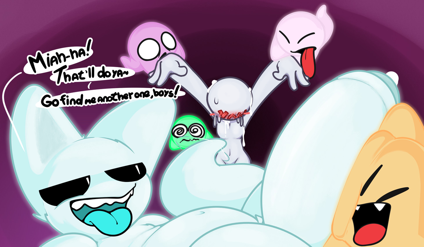 abstract_background ambiguous_gender anthro bodily_fluids cum cum_on_face cum_on_head dialogue face_squish floating genital_fluids genitals glowing group held_up hyper hyper_genitalia male penis penis_on_cheek squish text tongue tongue_out rabblet edo_(rabblet) domestic_cat felid feline felis ghost humanoid mammal spirit english_text hi_res