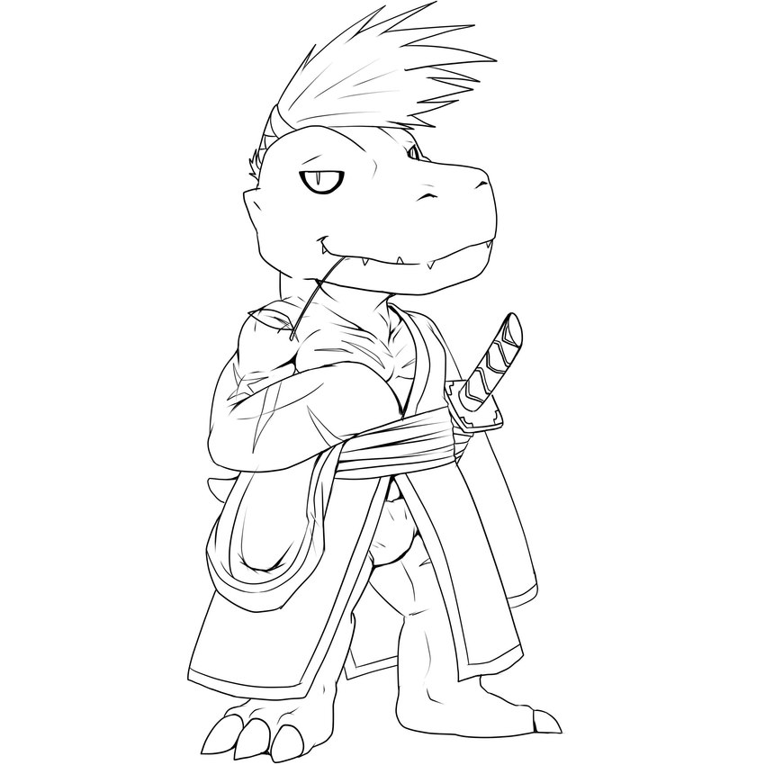 anthro asian_clothing claws clothing east_asian_clothing fundoshi japanese_clothing katana kimono male melee_weapon sharp_teeth solo sword teeth underwear weapon heibanhikaru bandai_namco digimon agumon bushiagumon digimon_(species) reptile scalie 1:1 absurd_res hi_res line_art monochrome