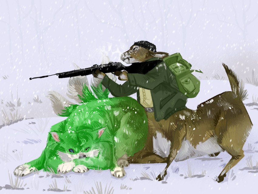 3_tails backpack belt blue_eyes brown_body brown_fur clothing detailed_background duo focused fur green_body green_fur gun holding_gun holding_object holding_ranged_weapon holding_weapon hooves jacket lying male multi_tail on_front one_eye_closed ranged_weapon scut_tail shirt short_tail snow tail topwear weapon white_body white_fur winter mushroomsoup65 canid canid_taur canine canine_taur canis deer deer_taur mammal mammal_taur new_world_deer taur white-tailed_deer wolf wolf_taur 2022