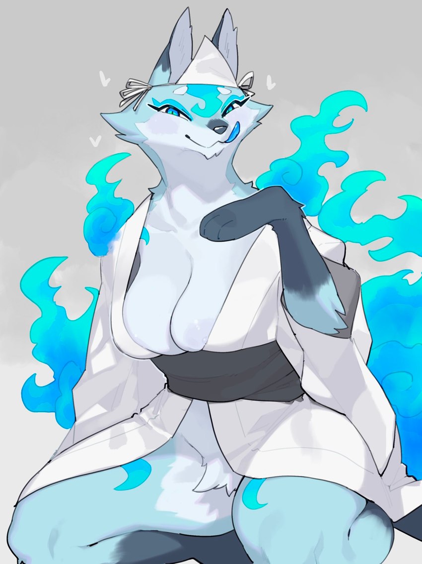 anthro blue_body blue_fur breasts clothed clothing female fur heart_symbol japanese_ghost_outfit kemono looking_at_viewer simple_background smile solo tenkan tongue white_body white_fur kame_3 yuurei-chan canid canine fox ghost mammal spirit yurei 2023 digital_media_(artwork) hi_res