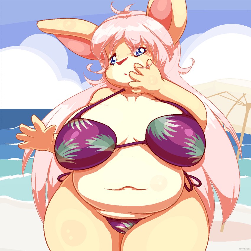 anthro beach belly big_belly big_breasts bikini blue_eyes blue_sky breasts clothing cloud curvy_figure day detailed_background female front_view glistening glistening_eyes glistening_hair hair holding_face huge_breasts legs_together long_hair looking_at_viewer navel outside overweight overweight_female parasol pink_hair pink_nose plant_print pubic_mound seaside sky solo standing string_bikini swimwear thick_thighs two-piece_swimsuit voluptuous water wave wide_hips maverick butter_(maverick) lagomorph leporid mammal rabbit 1:1 2020 hi_res portrait three-quarter_portrait