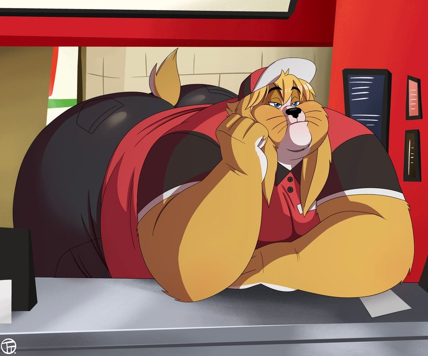 anthro bent_over big_butt blonde_hair blue_eyes bored bottomwear butt clothed clothing fast_food food fully_clothed fur hair hat head_on_hand headgear headwear male overweight overweight_male pants shirt solo tan_body tan_fur topwear white_body white_fur work_uniform trashtoonz eli_(shabadablue) lagomorph leporid mammal rabbit hi_res