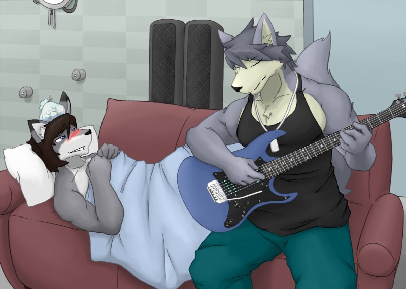 anthro blush bottomwear clothed clothing duo furniture guitar ill inside male male/male musical_instrument pants playing_guitar playing_music plucked_string_instrument romantic romantic_couple shirt slice_of_life sofa string_instrument tank_top topwear croiyan wmruckwr morenatsu kouya_(morenatsu) sirus canid canine canis domestic_dog fox husky mammal nordic_sled_dog spitz