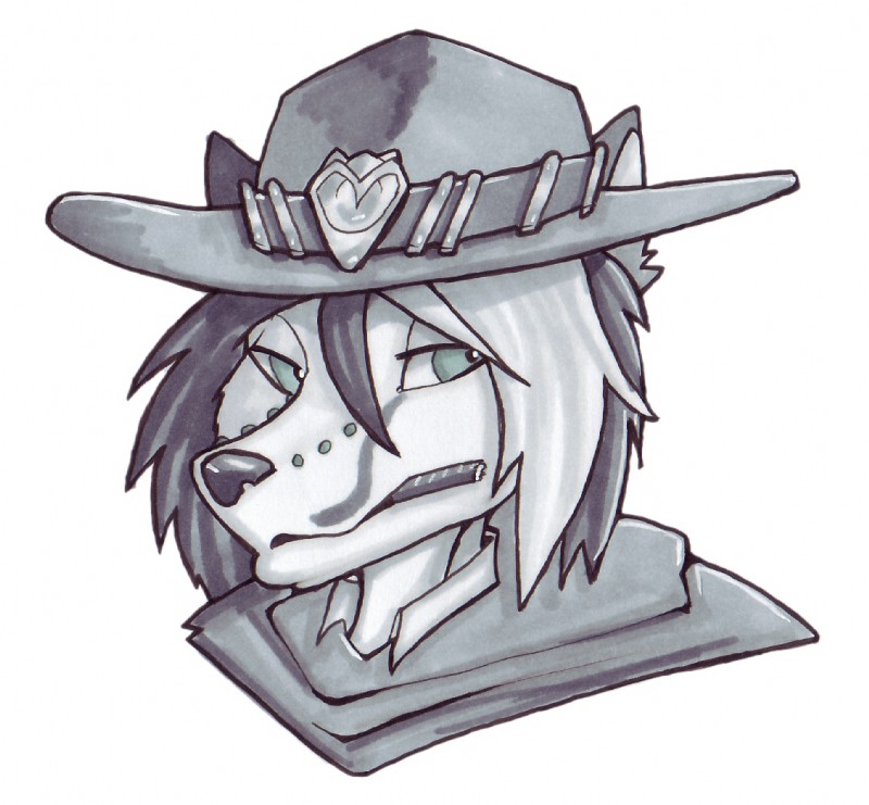 anthro cigar clothing hat headgear headwear male markers solo diaminerre blizzard_entertainment overwatch calypso_tayro cole_cassidy canid canine canis domestic_dog mammal wolf bust_portrait monochrome portrait