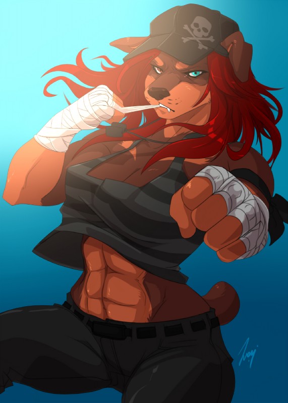 abs action_pose anthro athletic athletic_anthro athletic_female bone bottomwear breasts brown_body brown_fur cleavage clothed clothing docked_tail dog_tags female fur furgonomics gradient_background hair hand_wraps hat headgear headwear heterochromia muscular muscular_anthro muscular_female pants pose red_hair shirt short_tail simple_background skull solo tail tan_body tan_fur tank_top tomboy topwear wraps leokingdom lilah_lucy_forte_(sheori) canid canine canis domestic_dog mammal mastiff molosser rottweiler 2016 hi_res