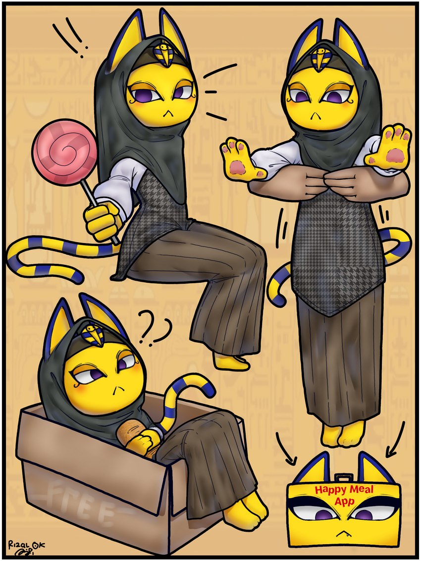 anthro border candy cat_tail clothed clothing dessert female food group headgear headwear hijab khimar markings pawpads pink_pawpads religious_clothing religious_headwear striped_markings striped_tail stripes tail tail_markings trio uraeus white_border yellow_body yellow_inner_ear rizal_ok animal_crossing ankha_zone longcat nintendo ankha_(animal_crossing) domestic_cat felid feline felis mammal absurd_res digital_media_(artwork) hi_res meme