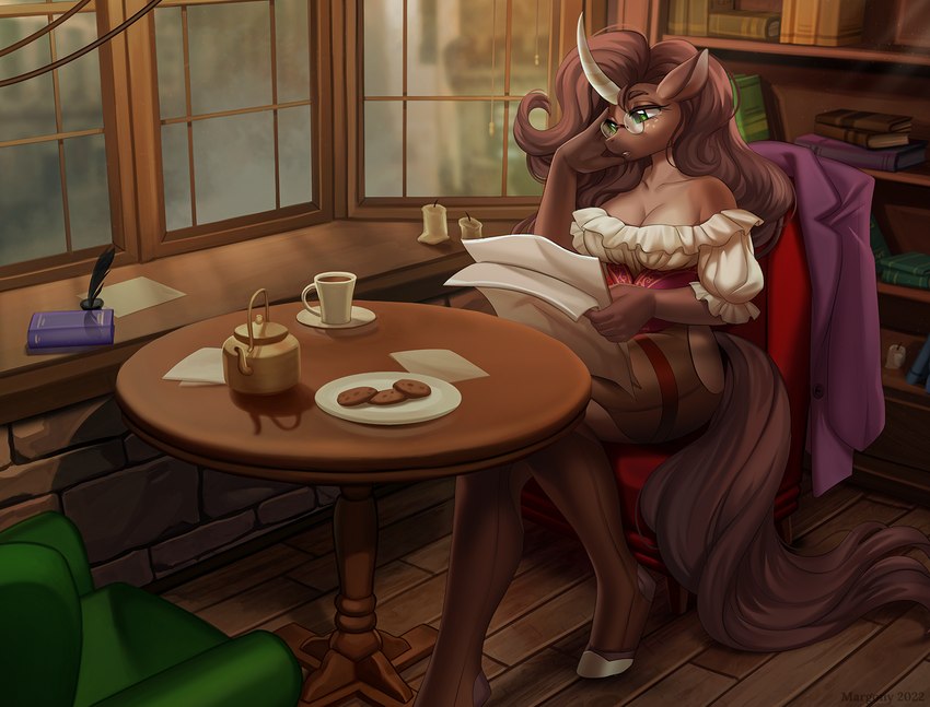 5_fingers anthro breasts brown_body brown_fur clothed clothing eyebrows eyelashes female female_anthro fingers fur green_eyes horn sitting solo margony mythology equid equine mammal mythological_creature mythological_equine unicorn 2022 digital_media_(artwork) hi_res