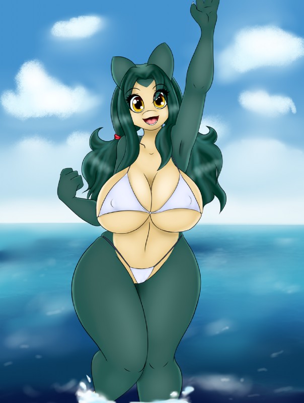 big_breasts bikini breasts clothed clothing cloud curvy_figure detailed_background female hair long_hair looking_at_viewer nipple_outline outside pigtails sea seascape seaside skimpy sky solo swimwear thick_thighs two-piece_swimsuit voluptuous water wide_hipped_female wide_hips neronova nintendo pokemon nina_snorlax generation_1_pokemon pokemon_(species) snorlax hi_res