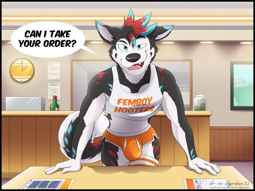 anthro athletic athletic_male bedroom_eyes big_bulge black_body black_fur black_nose blue_eyes blue_highlights bottomwear bulge clothing container detailed_background eyebrows fur hair highlights_(coloring) jar leaning leaning_forward leaning_on_table looking_at_viewer male midriff mottled narrowed_eyes navel open_mouth orange_bottomwear orange_clothing orange_shorts raised_eyebrow red_highlights restaurant seductive shirt shorts smile smirk spiky_hair tank_top teeth text text_on_clothing text_on_topwear tip_jar tongue topwear white_body white_fur vir-no-vigoratus femboy_hooters redline_husky canid canine canis domestic_dog husky mammal nordic_sled_dog spitz 4:3 english_text url watermark