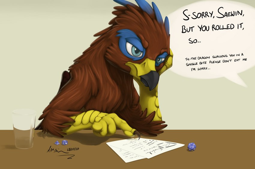 annoyed avian_feet beak blue_markings brown_body d20 d4 d6 dice feathered_wings feathers feral markings solo tabletop text wings doesnotexist mythology saewin avian gryphon mythological_avian mythological_creature digital_media_(artwork) english_text