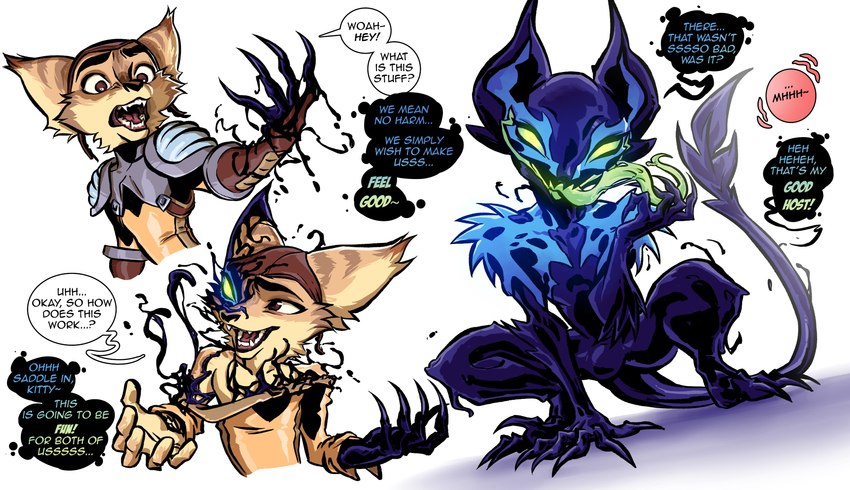 big_ears blue_markings clothed clothing fur glowing glowing_eyes goo_transformation green_eyes licking_own_hand long_tongue male markings moan no_pupils null_bulge open_mouth purple_body smile solo stripes tail tan_body tan_fur teeth text tongue tongue_out transformation transformation_sequence undressing maxspite ratchet_and_clank sony_corporation sony_interactive_entertainment lombax mammal symbiote 2023 absurd_res digital_media_(artwork) english_text hi_res