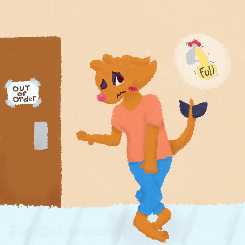 anthro bathroom bathroom_denial bathroom_desperation blue_bottomwear blue_clothing blue_pants blush blush_lines blush_stickers bodily_fluids bottomwear clothed clothing crossed_legs desperation digitigrade fur genital_fluids head_tuft holding_crotch inside interior_background male nervous omorashi one_eye_closed orange_body orange_fur out_of_order pants pee_desperation pink_clothing pink_nose pink_shirt pink_topwear potty_dance shirt solo tail topwear tuft urine urine_meter bigdickvarmint_(artist) mac_(bigdickvarmint) ambiguous_species 1:1 digital_media_(artwork) digital_painting_(artwork) lineless shaded