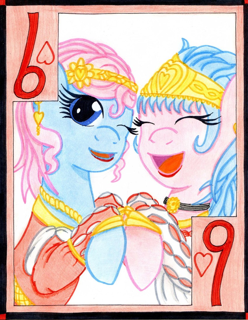 card card_template duo eyes_closed female hair heart_symbol hearts_(suit) nine_of_hearts number playing_card playing_card_template smile suit_symbol the1king friendship_is_magic hasbro my_little_pony aloe_(mlp) lotus_(mlp) spa_ponies_(mlp) earth_pony equid equine horse mammal pony absurd_res hi_res traditional_media_(artwork)