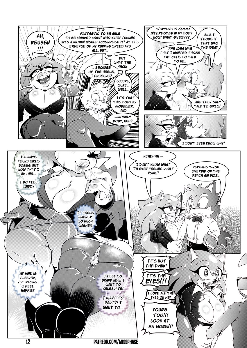 anthro big_breasts bottomwear breasts butt camel_toe clothing crossed_legs crossgender dialogue drunk female male mtf_crossgender panties skirt substance_intoxication text underwear missphase sega sonic_the_hedgehog_(series) sonic_the_hedgehog eulipotyphlan hedgehog mammal absurd_res comic english_text hi_res monochrome url