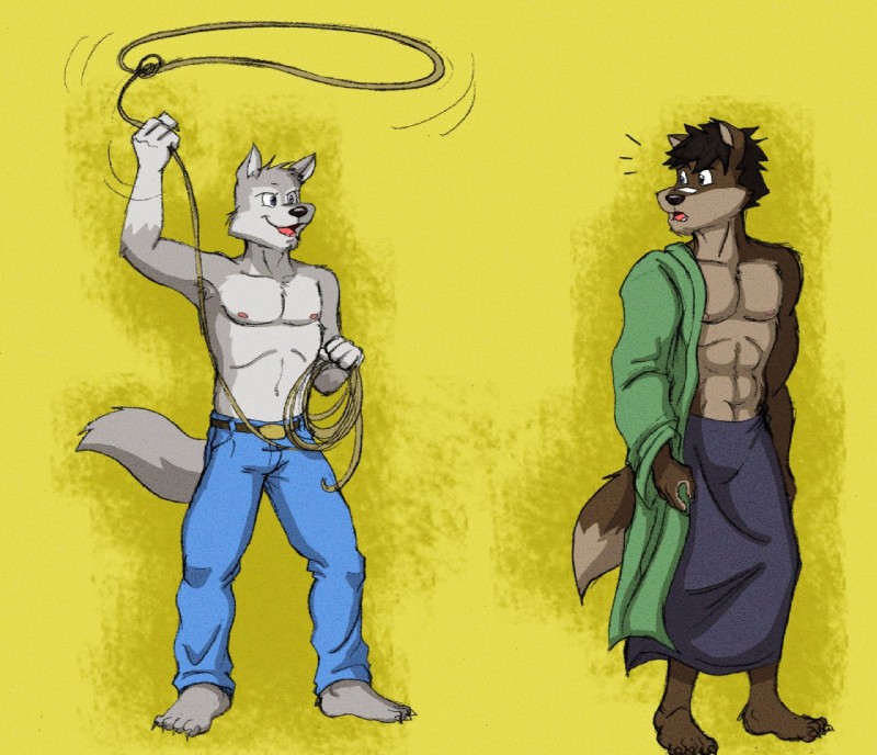 anthro armpit_hair barefoot belt belt_buckle body_hair brown_body brown_eyes brown_fur brown_hair buckle claws clothed clothing duo feet fur grey_body grey_fur hair lasso male nipples surprise topless rthur canid canine canis mammal wolf 2012 digital_media_(artwork)