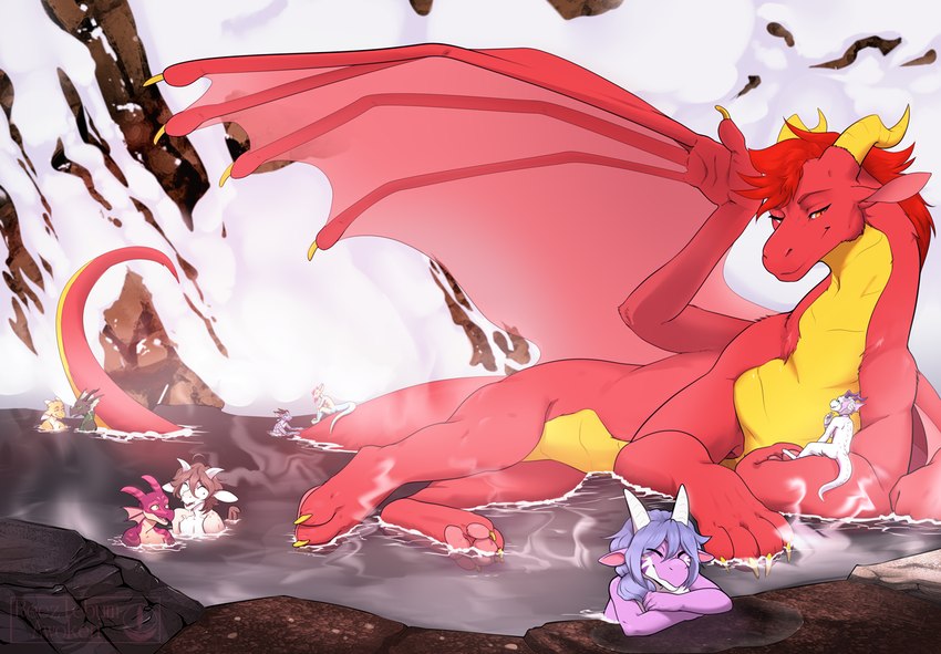 anthro detailed_background feral fur group horn hot_spring nude outside partially_submerged red_body red_fur scales smile snow steam tail water wings beezlebumawoken conditional_dnp european_mythology mythology draegonis xena_slatesight dragon kobold mythological_creature mythological_scalie scalie western_dragon digital_media_(artwork)