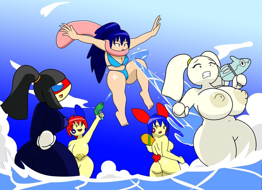 5_fingers 5_toes anthro beach big_breasts big_butt bikini bikini_bottom bikini_top black_hair blue_bikini blue_body blue_cheeks blue_clothing blue_ears blue_hair blue_nipples blue_sclera blue_swimwear breasts butt clothing dot_eyes elemental_manipulation feet female fingers gloves group hair handwear holding_object holding_water_gun jumping long_ears long_hair long_tail looking_at_another looking_back looking_back_at_another looking_up looking_up_at_another midair multicolored_body navel nipples no_pupils nude open_mouth pigtails ponytail pseudo_clothing pseudo_scarf red_ears red_face red_hair red_tail scarf short_hair short_tail side_mouth sky smile sparkles spitting surprise surprised_expression swimwear tail tan_nipples teeth thick_thighs toes tongue tongue_out tongue_scarf toy toy_gun two-piece_swimsuit water water_fight water_gun water_manipulation white_body white_clothing white_gloves white_hair white_handwear white_skin yellow_body yellow_eyes yellow_face yellow_nipples igphhangout game_freak nintendo pokemon arc_(igph) cindy_(igph) coil_(igph) mizu_(igph) sophia_(igph) floette generation_2_pokemon generation_3_pokemon generation_6_pokemon greninja human humanoid ledian mammal minun plusle pokemon_(species) remoraid 2016 colored shaded