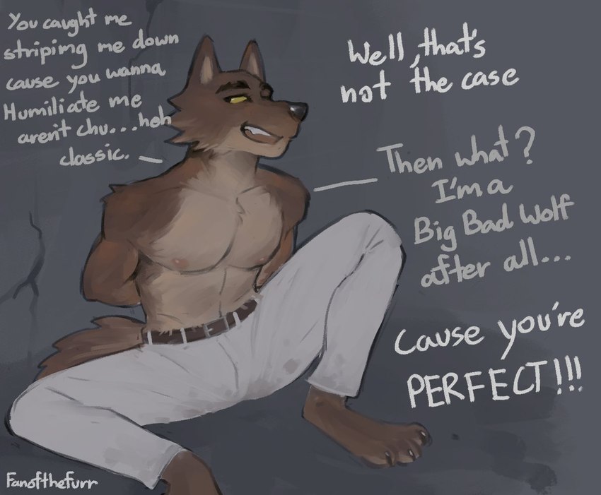 anthro barefoot bottomwear clothed clothing compliment dialogue feet male male_anthro nipples offscreen_character open_mouth pants pants_only praise simple_background sitting solo text topless fanofthefurr dreamworks the_bad_guys mr._wolf_(the_bad_guys) canid canine canis mammal wolf english_text