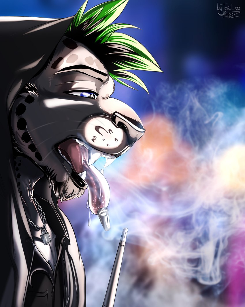 alternative_fashion anthro blurred_background bodily_fluids clothing device dripping hair hoodie jacket male multicolored_hair punk saliva saliva_drip smoke solo teeth tongue tongue_out topwear vaping year tai_l_rodriguez felid mammal pantherine snow_leopard 2022 absurd_res hi_res signature