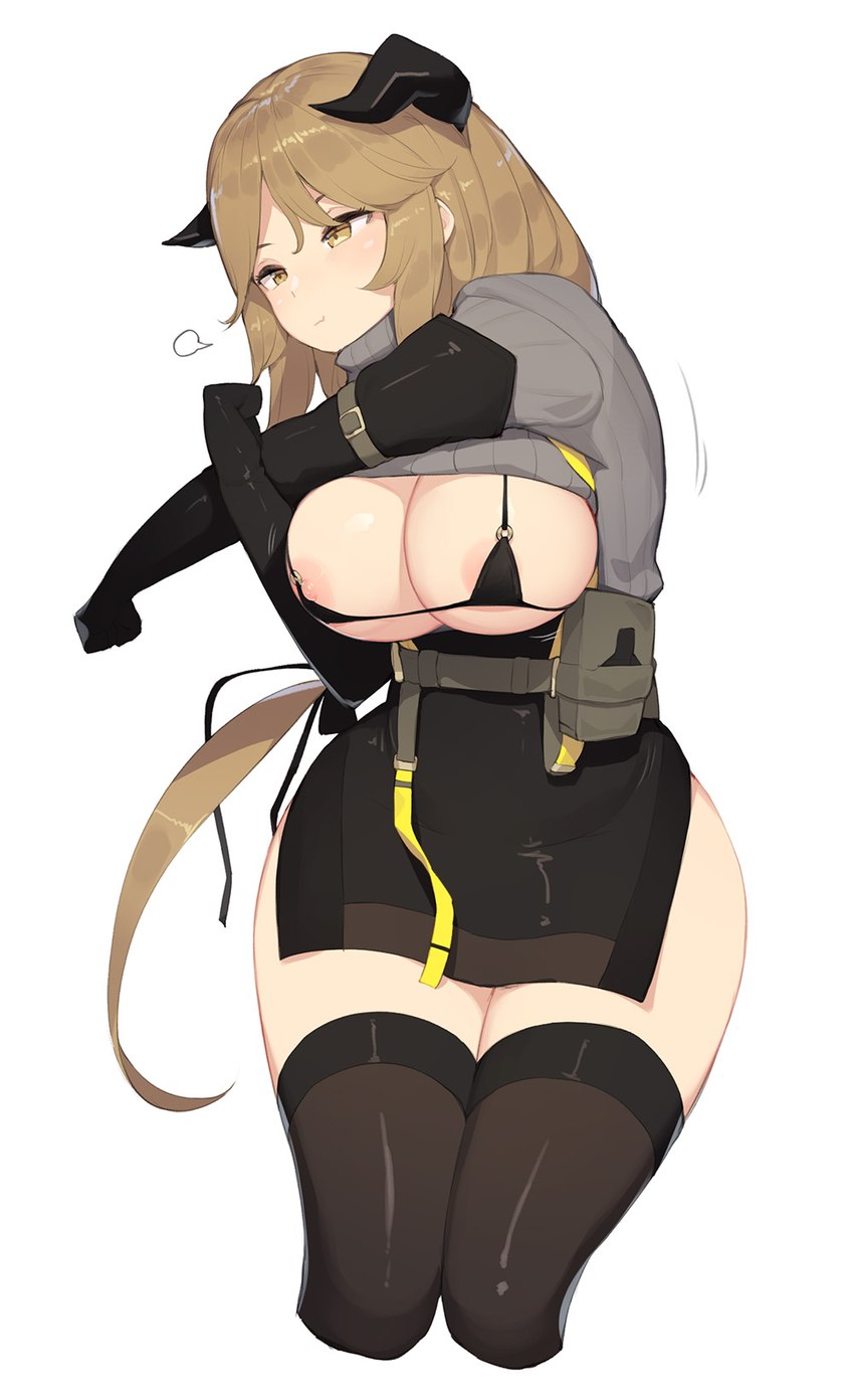 areola arm_over_breasts armwear big_breasts bottomwear breasts clothed clothing clothing_lift elbow_gloves exposed_breasts female gloves hair handwear horn legwear nipples ribbed_clothing shirt shirt_lift short_hair sigh skirt solo straps thick_thighs thigh_highs topwear wide_hips pepper0 arknights hypergryph studio_montagne meteorite_(arknights) horned_humanoid humanoid hi_res