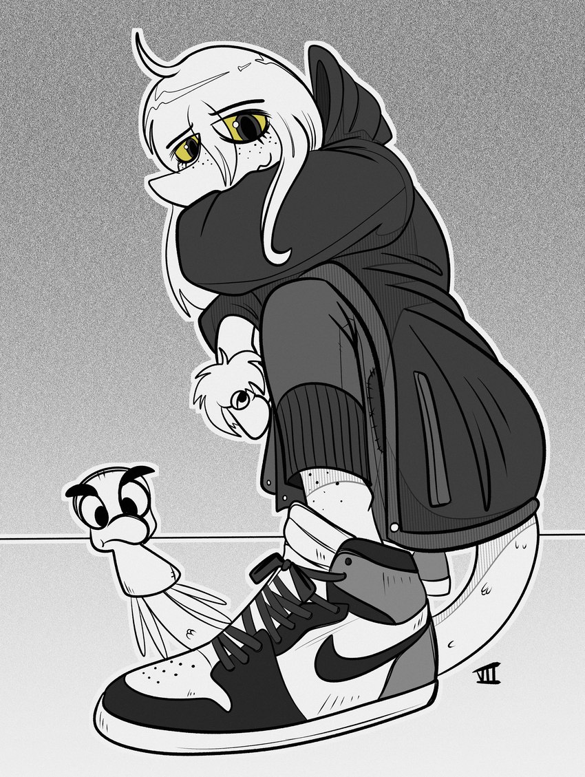 anthro clothing female footwear freckles hair hand_puppet hoodie long_hair long_tail looking_at_viewer shoes smile sneakers snout solo tail topwear seven_(artist) among_us_drip cavemanon_studios drip_(meme) nike snoot_game judee dinosaur prehistoric_species reptile scalie 2023 absurd_res black_and_white hi_res meme monochrome signature