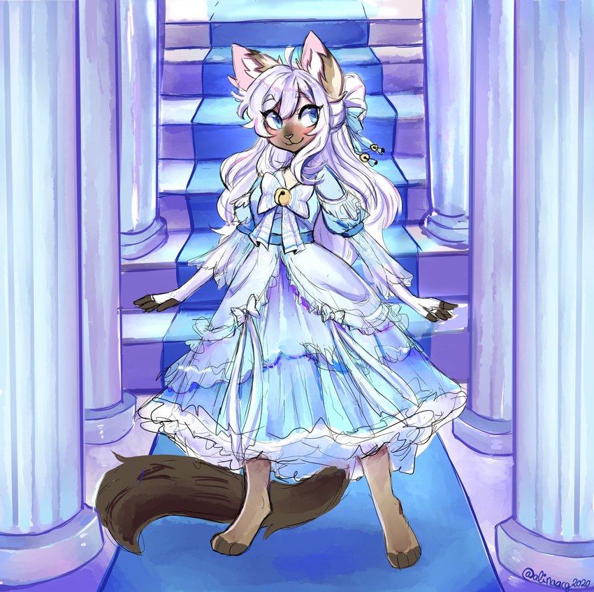 alternative_fashion anthro bell blue_clothing blue_dress blue_eyes bow_(feature) brown_body brown_fur clothing decorated_bow dress female fur hime_lolita iridescent iridescent_dress iridescent_hair j-fashion jingle_bell lolita_(fashion) pillar solo stairs standing tail anakoluth felid feline mammal hi_res