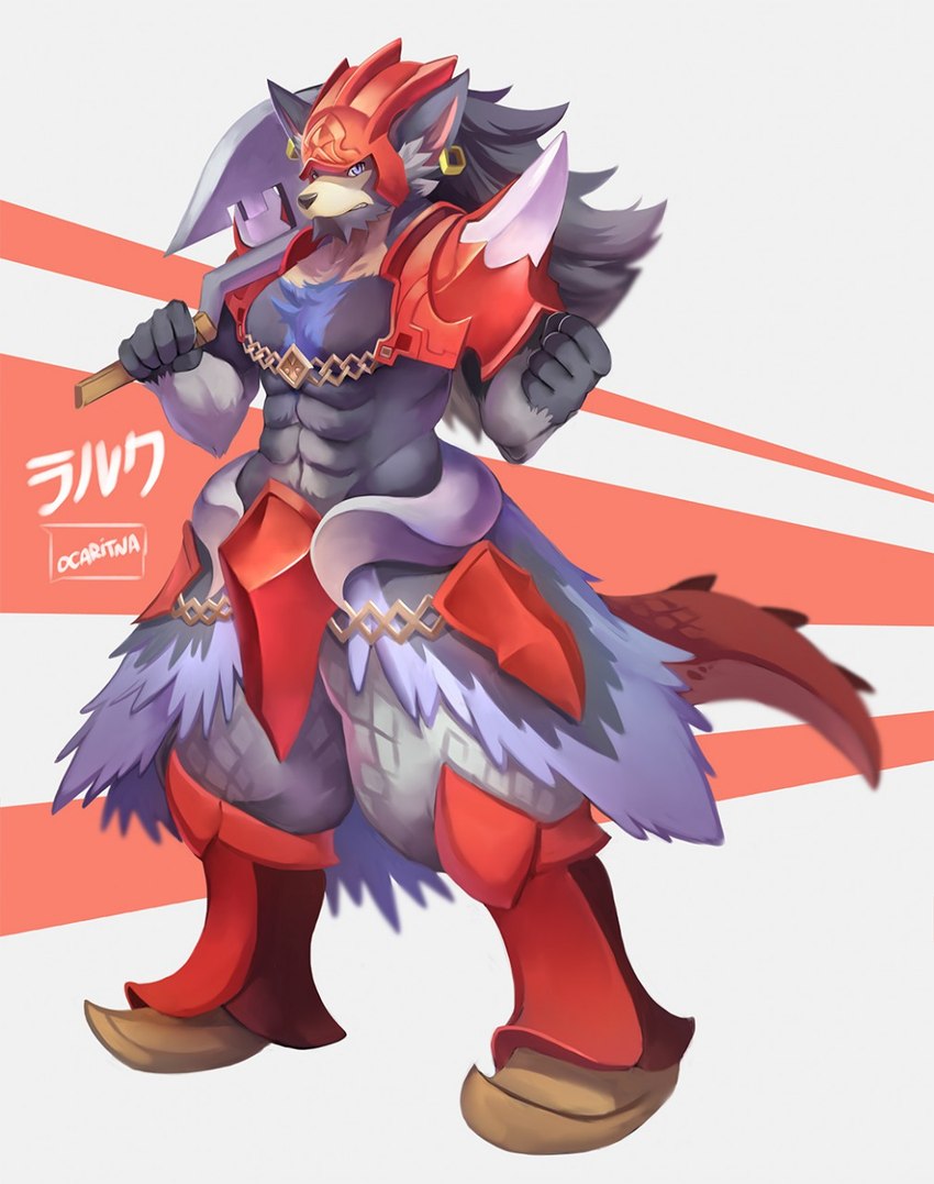 abs anthro armor axe battle_axe blue_eyes clothing ear_piercing footwear fur grey_body grey_fur headgear helmet male melee_weapon piercing scales scaly_tail simple_background solo standing tail weapon weapon_on_shoulder ocaritna legend_of_mana mana_(series) mythology square_enix larc_(mana) canid canine canis dragon hybrid mammal mythological_creature mythological_scalie scalie wolf 2016 hi_res