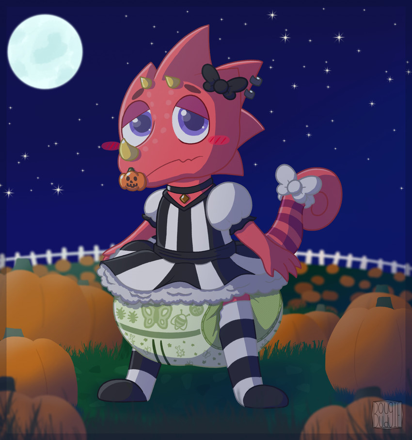 3_horns anthro big_diaper blush bow_ribbon clothing collar diaper femboy feminization food fruit horn legwear long_tail male markings moon multi_horn night object_in_mouth pacifier pacifier_in_mouth piercing plant prehensile_tail pumpkin pumpkin_patch purple_eyes red_body red_scales scales short_horn small_horn solo star stockings striped_markings striped_tail stripes tail tail_markings wetness_indicator adwdwrew24 animal_crossing nintendo flick_(animal_crossing) chameleon lizard reptile scalie hi_res