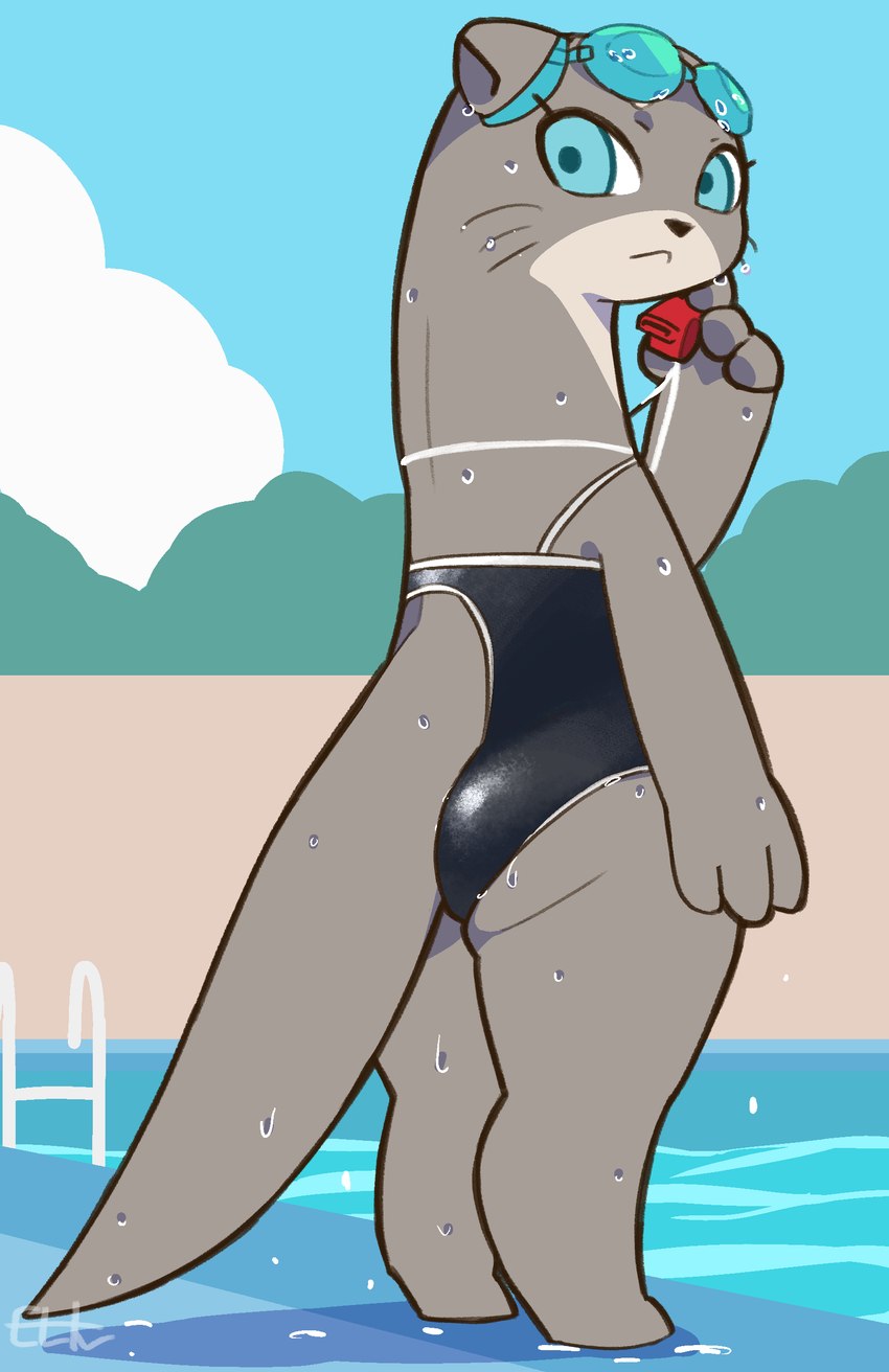 anthro blue_eyes bottomwear butt clothed clothing dripping eyewear eyewear_on_head female fur furgonomic_bottomwear furgonomic_swimwear furgonomics glistening glistening_clothing glistening_swimwear goggles goggles_on_head grey_body grey_fur holding_object kemono looking_at_viewer looking_back looking_back_at_viewer one-piece_swimsuit outside rear_view solo swimming_goggles swimming_pool swimwear teacher water wet whiskers whistle_(object) el-k ms._ota_(el-k) mammal mustelid otter 2022 absurd_res digital_drawing_(artwork) digital_media_(artwork) full-length_portrait hi_res portrait