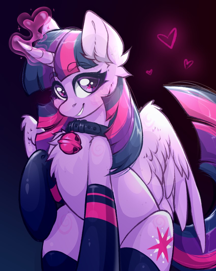 bell bell_collar clothing collar female feral fluffy footwear glowing hair heart_symbol horn looking_at_viewer magic purple_eyes purple_hair smile socks solo wings rico_chan friendship_is_magic hasbro my_little_pony mythology twilight_sparkle_(mlp) equid equine mammal mythological_creature mythological_equine winged_unicorn hi_res