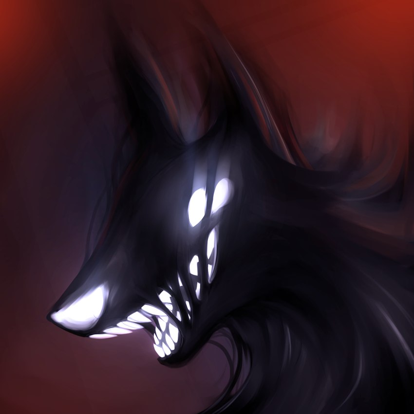 ambiguous_gender black_body fangs glowing glowing_eyes glowing_nose glowing_teeth simple_background solo teeth keadanger canid canine mammal shadow_creature 2021 headshot_portrait hi_res icon portrait