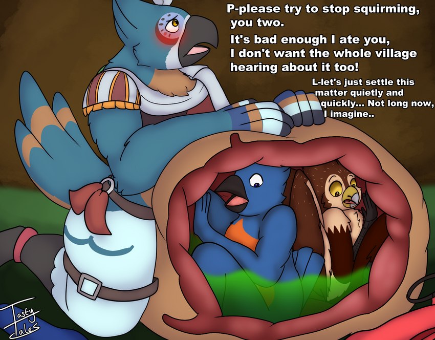 beak digestion fatal fatal_vore male male/male male_pred male_prey oral_vore text unwilling_prey vore tastytales breath_of_the_wild nintendo the_legend_of_zelda kass_(tloz) kerik_(silenttempest) neptune_mereaux accipitrid accipitriform avian bird bluebird buteo chickenhawk eastern_bluebird oscine passerine red-tailed_hawk rito thrush_(bird) english_text hi_res