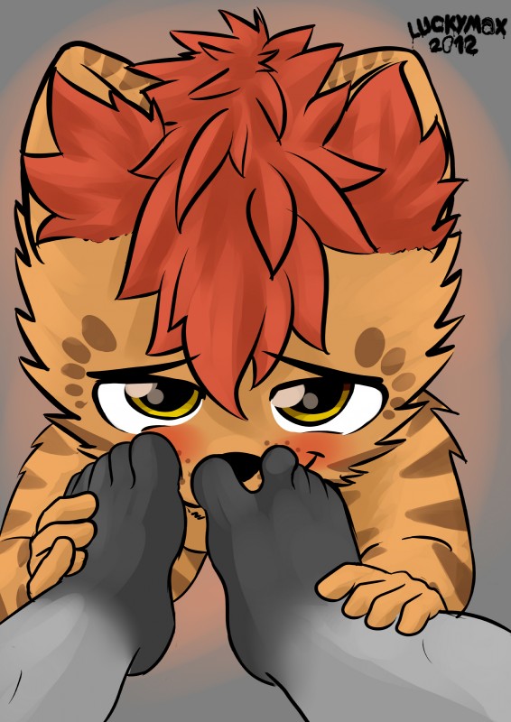 5_toes anthro barefoot biped black_nose blush brown_body brown_fur disembodied_foot duo eyebrows feet foot_fetish fur grey_body grey_fur hair hand_on_foot looking_at_viewer looking_up male markings red_hair shota simple_background smile sniffing solo_focus spots spotted_body spotted_fur striped_body striped_fur stripes toes yellow_eyes young young_anthro luckymax2012 lucky_(luckymax2012) domestic_cat felid feline felis mammal procyonid raccoon thomas_(disambiguation) 2012 absurd_res hi_res signature