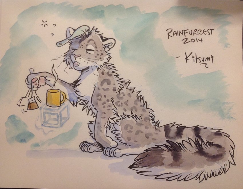 ambiguous_gender beverage blep brush container cup fur fur_markings grey_body grey_fur markings mug semi-anthro solo spots tea tea_bag text tongue tongue_out tuft white_body white_fur kitsumi felid mammal pantherine snow_leopard 2014 english_text hi_res