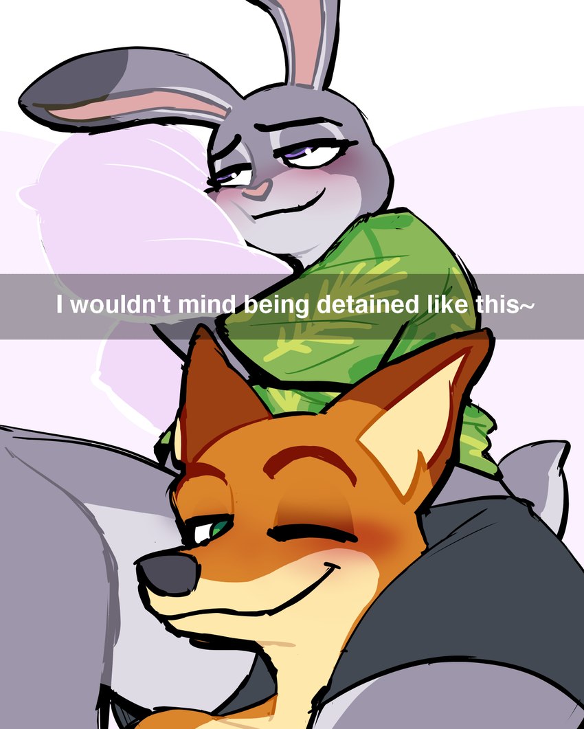 anthro between_legs blush clothed clothing duo female looking_at_viewer male male/female one_eye_closed smile wink lovetopullmicke disney snapchat zootopia judy_hopps nick_wilde canid canine fox lagomorph leporid mammal rabbit 2024 hi_res