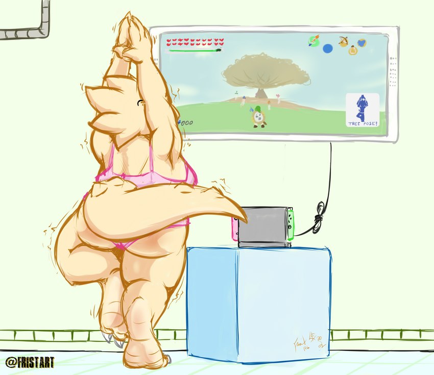 anthro balancing barefoot bra breasts butt claws clothing electronics eyewear feet female glasses non-mammal_breasts panties soles solo stretching tail television thick_tail thick_thighs toes tree_pose underwear yoga frist44 nintendo nintendo_switch undertale undertale_(series) alphys dinosaur lizard prehistoric_species reptile scalie hi_res