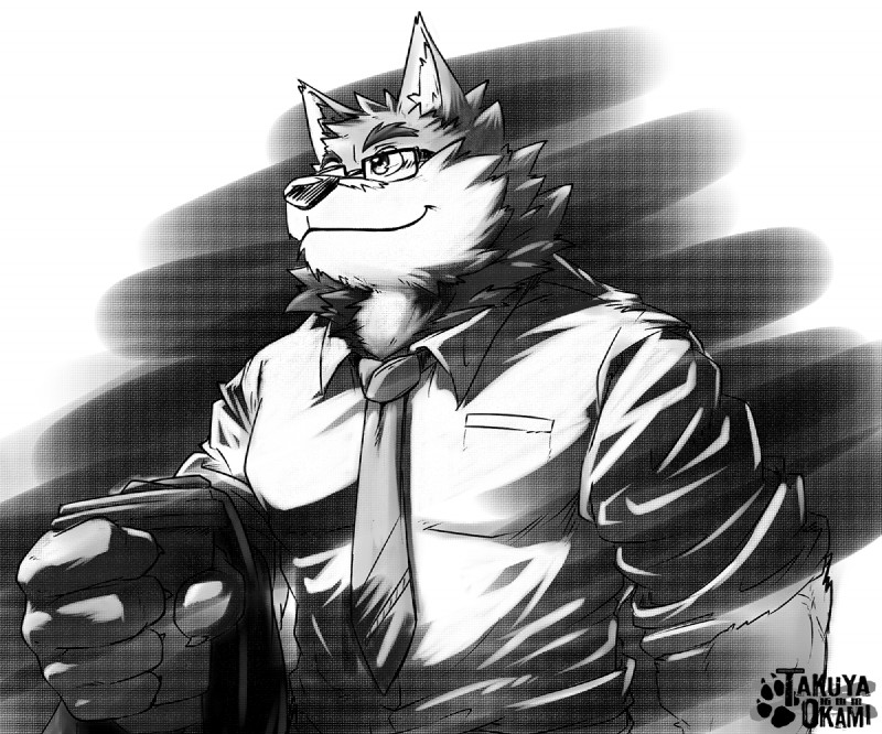 clothed clothing container cup dress_shirt eyewear front_view glasses male necktie shirt smile solo topwear timberwolfmax mr._wolf_(takemoto_arashi) canid canine canis mammal wolf 6:5 half-length_portrait monochrome portrait