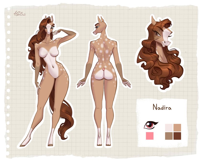 anthro breasts brown_hair butt dappled_fur featureless_breasts featureless_crotch female hair hooves leg_markings long_hair markings socks_(marking) solo holivi nadira_(airheart) equid equine horse mammal absurd_res hi_res model_sheet