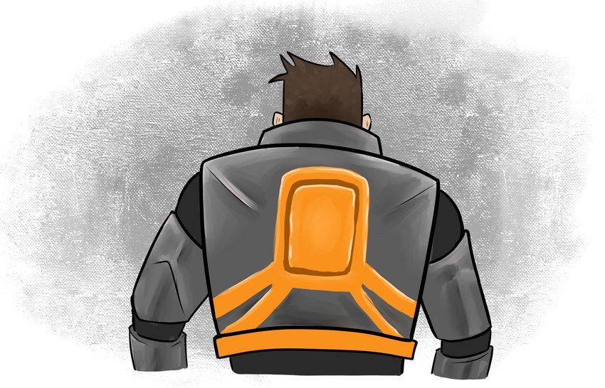 brown_hair clothed clothing hair hev_suit human_only male not_furry rear_view solo standing tan_body tan_skin sparkaed half-life valve gordon_freeman human mammal digital_media_(artwork) half-length_portrait hi_res portrait