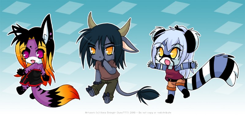 anthro barefoot black_body black_fur black_hair blonde_hair blue_body blue_fur blue_hair chibi clothed clothing dipstick_tail feet female fur grey_horn group hair hooves horn male markings multicolored_hair orange_eyes orange_hair purple_body purple_fur red_hair ring_(marking) ringed_tail simple_background soles striped_markings striped_tail stripes tail tail_markings tail_tuft toes tuft two_tone_hair white_body white_fur yellow_eyes luna777 aivion akemi_(luna777) anira_(character) bovid bovine canid canine cattle fox lemur mammal primate ring-tailed_lemur strepsirrhine cel_shading digital_drawing_(artwork) digital_media_(artwork) shaded