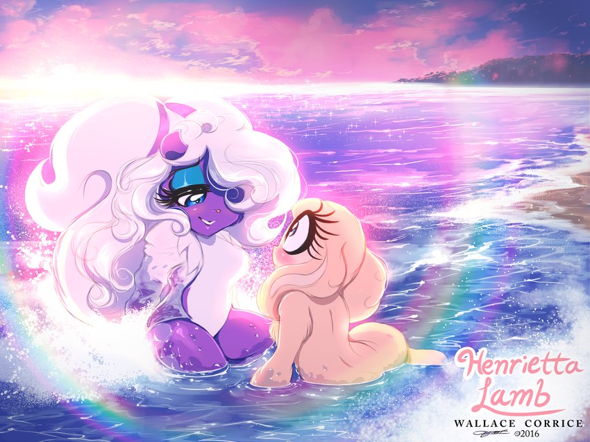 anthro beach biped blue_eyeshadow blush breasts detailed_background duo eyelashes eyeshadow featureless_breasts female female/female feral floppy_ears fur hair iridescent long_eyelashes makeup multicolored_body nature nature_background outside partially_submerged pink_nose purple_body purple_fur rainbow seaside sitting sitting_in_water smile submerged_legs tail text two_tone_body water wet wet_body wet_fur white_body white_fur walliscolours henrietta_the_little_lamb sweet_scent_(henrietta_lamb) bovid caprine mammal mephitid sheep skunk striped_skunk 2016 4:3 artist_name character_name dated digital_media_(artwork) hi_res