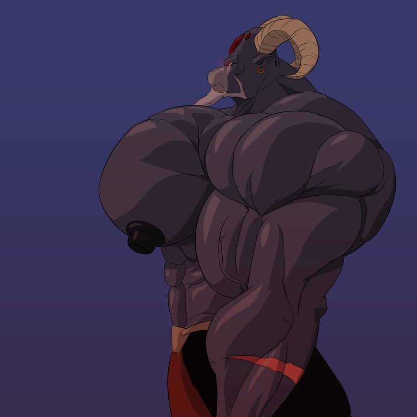 abs anthro beard big_muscles ear_piercing ear_ring facial_hair horn huge_muscles hyper hyper_muscles male mature_male muscular muscular_male piercing ring_piercing solo levionb123 dragon_ball dragon_ball_super moro bovid caprine goat mammal planet_devourer 1:1 hi_res