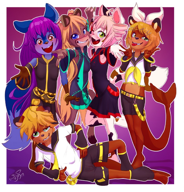 alternative_fashion anthro belt blue_eyes border clothed clothing cosplay female fur green_eyes group hair j-fashion looking_at_viewer mottled piebald teeth tongue tongue_out white_border young young_anthro sicmop vocaloid hatsune_miku jenny_(ajdurai) kagamine_len kagamine_rin lee_(ajdurai) megurine_luka sarah_(nb) selene_blackcat sierra_(pumapaws) teto_kasane calico_cat canid canine canis cougar domestic_cat felid feline felis mammal mustelid otter wolf 2019