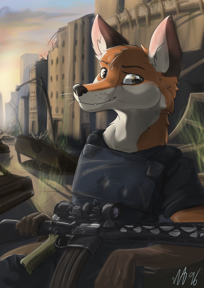 abandoned abandoned_building anthro ar_platform assault_rifle bulletproof_vest car city cityscape day ears_up explorer gun holding_object holding_weapon hotel looking_at_viewer male post-apocalyptic ranged_weapon rifle smile solo street street_lamp vehicle weapon wolfyalex96 canid canine fox mammal hi_res