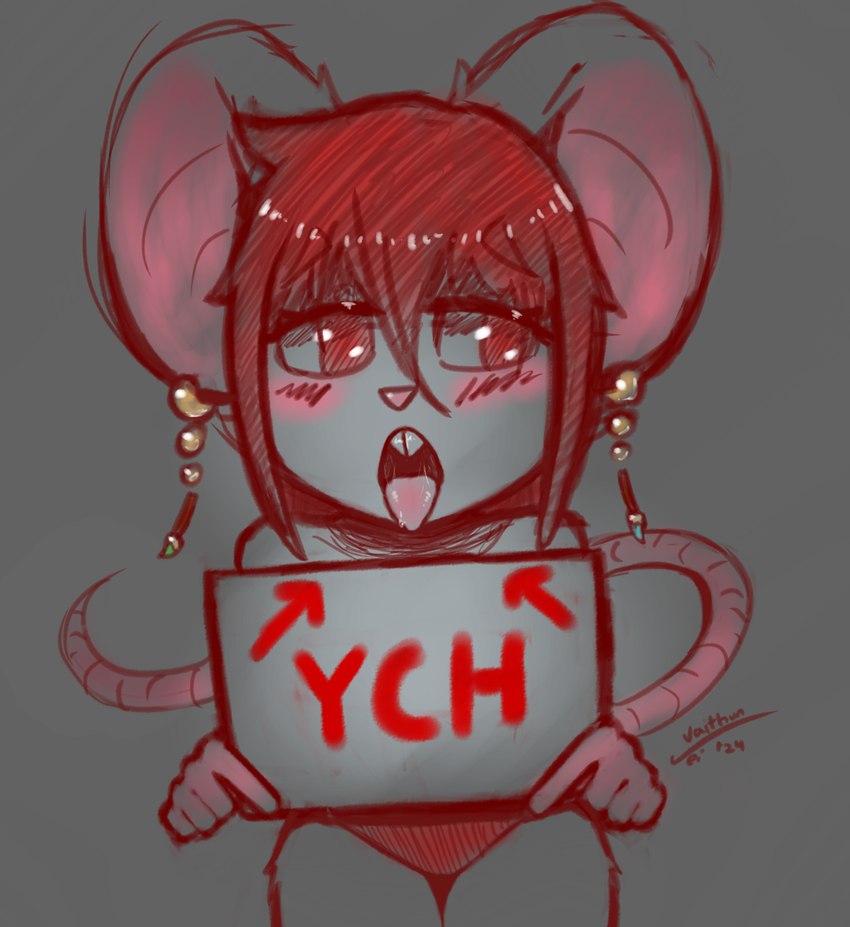 advertisement ahegao albino anthro clothing ear_piercing ear_ring female fur hair looking_pleasured open_mouth oral_invitation panties piercing red_eyes red_hair ring_piercing sign solo text tongue tongue_out underwear white_body white_fur vaithun mammal mouse murid murine rodent hi_res