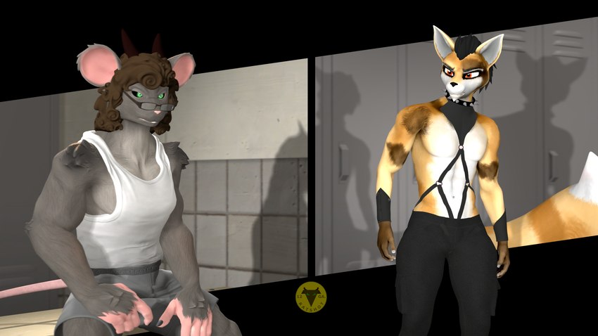 anthro clothed clothing duo eyewear glasses horn leather locker_room male parody tail ratwithashotgun petruz_(modeler) warfaremachine_(modeler) gachimuchi rat_(petruz) warfare_fox canid canine fox mammal murid murine rat rodent 16:9 3d_(artwork) digital_media_(artwork) hi_res meme source_filmmaker_(artwork) widescreen