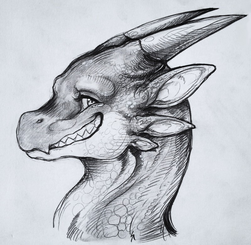 grin horn looking_at_viewer male multi_ear sharp_teeth side_view simple_background smile solo teeth white_background shon2 mythology tavix dragon mythological_creature mythological_scalie scalie headshot_portrait hi_res monochrome portrait traditional_media_(artwork)