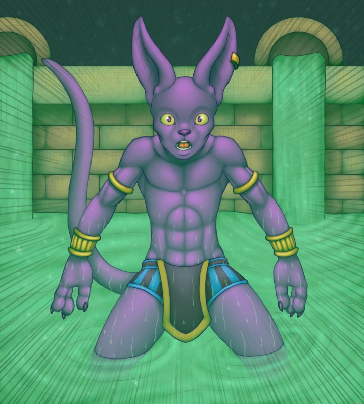 anthro biped clothed clothing french_artist hairless male solo standing topless wet chokodonkey conditional_dnp dragon_ball dragon_ball_super beerus domestic_cat felid feline felis hairless_cat mammal sphynx_(cat) hi_res