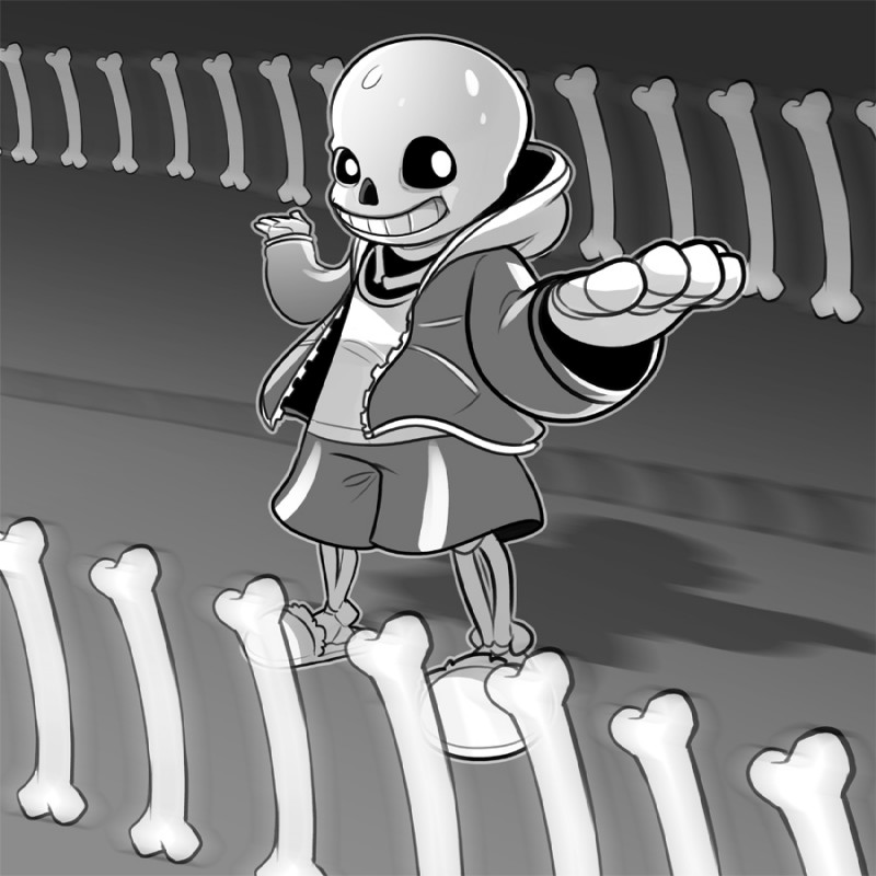 anterior_nasal_aperture bodily_fluids bone clothing footwear jacket male not_furry shoes skeleton slippers smile solo sweat sweatdrop topwear cubewatermelon undertale undertale_(series) sans_(undertale) animated_skeleton humanoid undead 1:1 monochrome